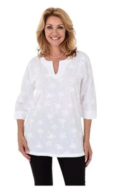 Sea Breeze White Embroidered Tunic Top Size M Palm Trees Starfish Resortwear